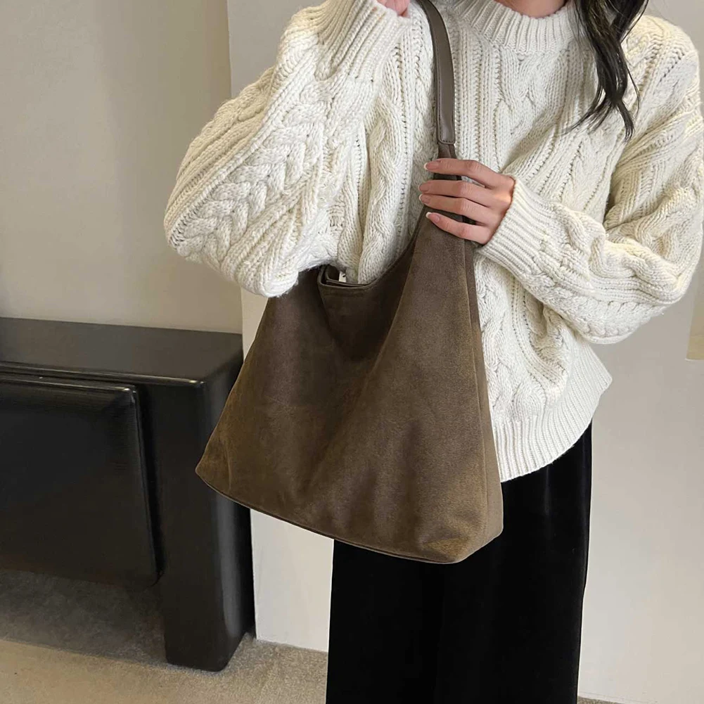 Women Suede Shoulder Bag Retro Single Shoulder Bag Large Capacity Trendy Work Hobo Solid Color Vintage Hobo Bag Top Handle Bag