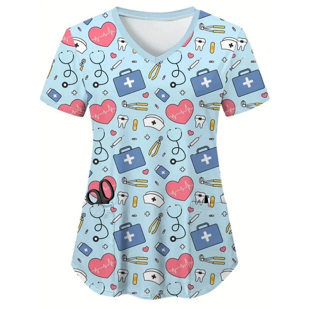 Clinical Uniforms Woman Tool Pattern Print Healthcare Dentist Scrub Uniform Fashion V-Neck Pocket Short Sleeve Nursing Uniforms
