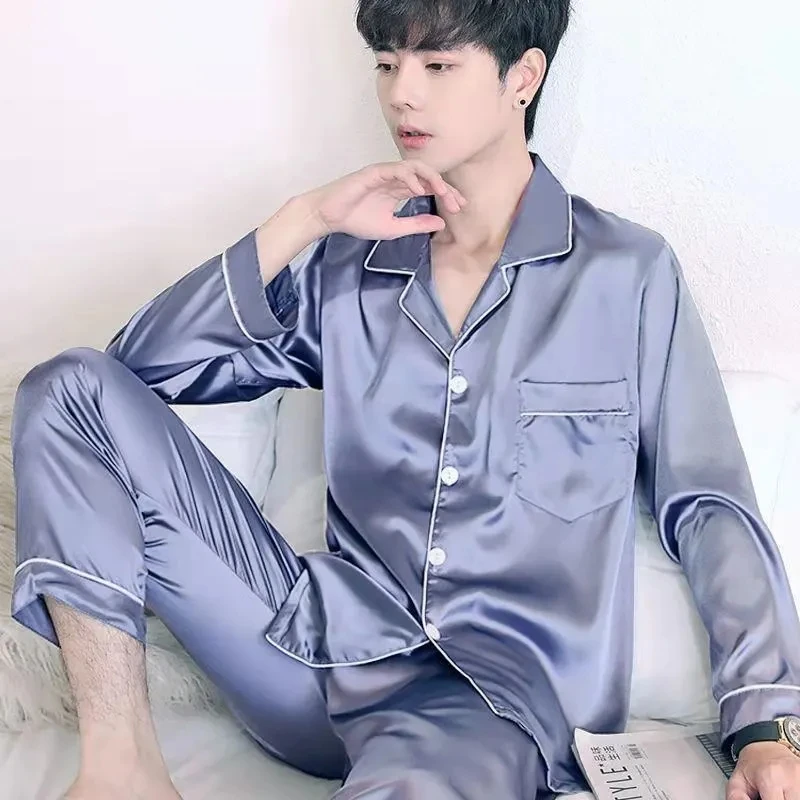 Solid Color Sleepwear Silk Pajamas Set Summer Pajamas for Men Casual Homewear Suit Sleepwear Pyjamas Pijama Men Loungewear