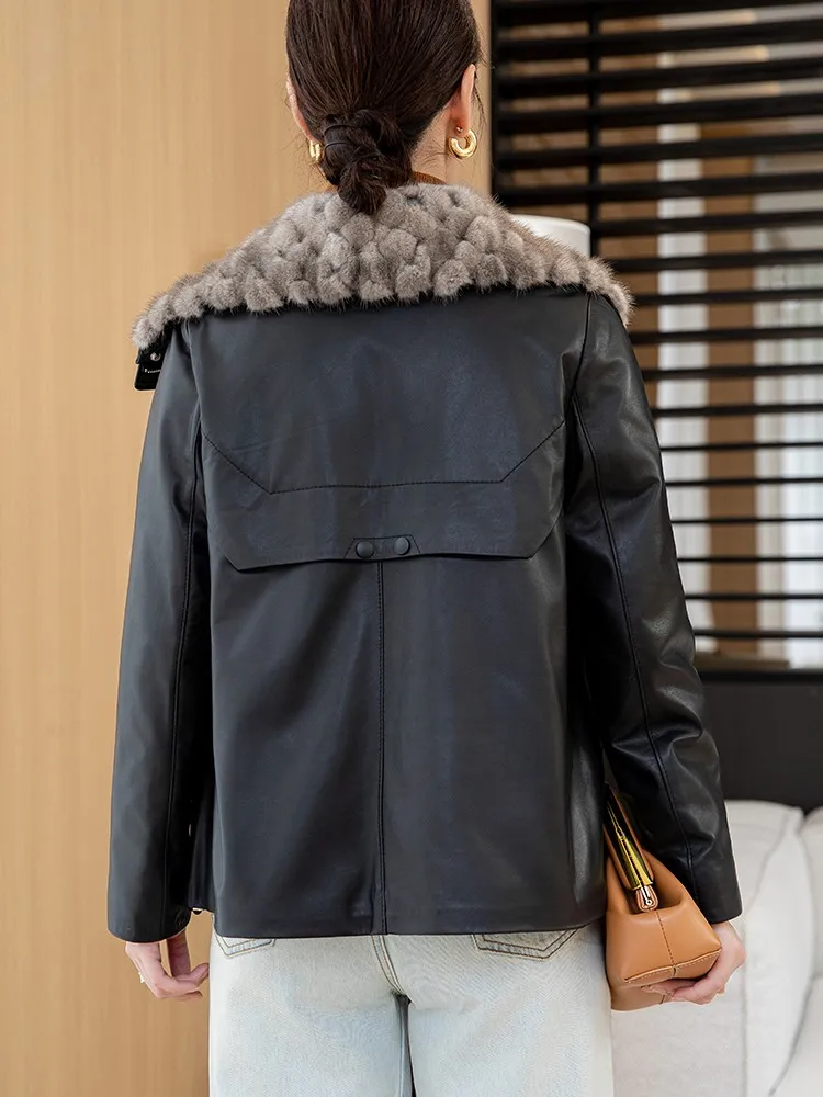 Piumino invernale da donna in vera pelle, collo in pelliccia di visone di lusso, cerniera, capispalla casual caldo, giacca da donna in pelle di pecora streetwear