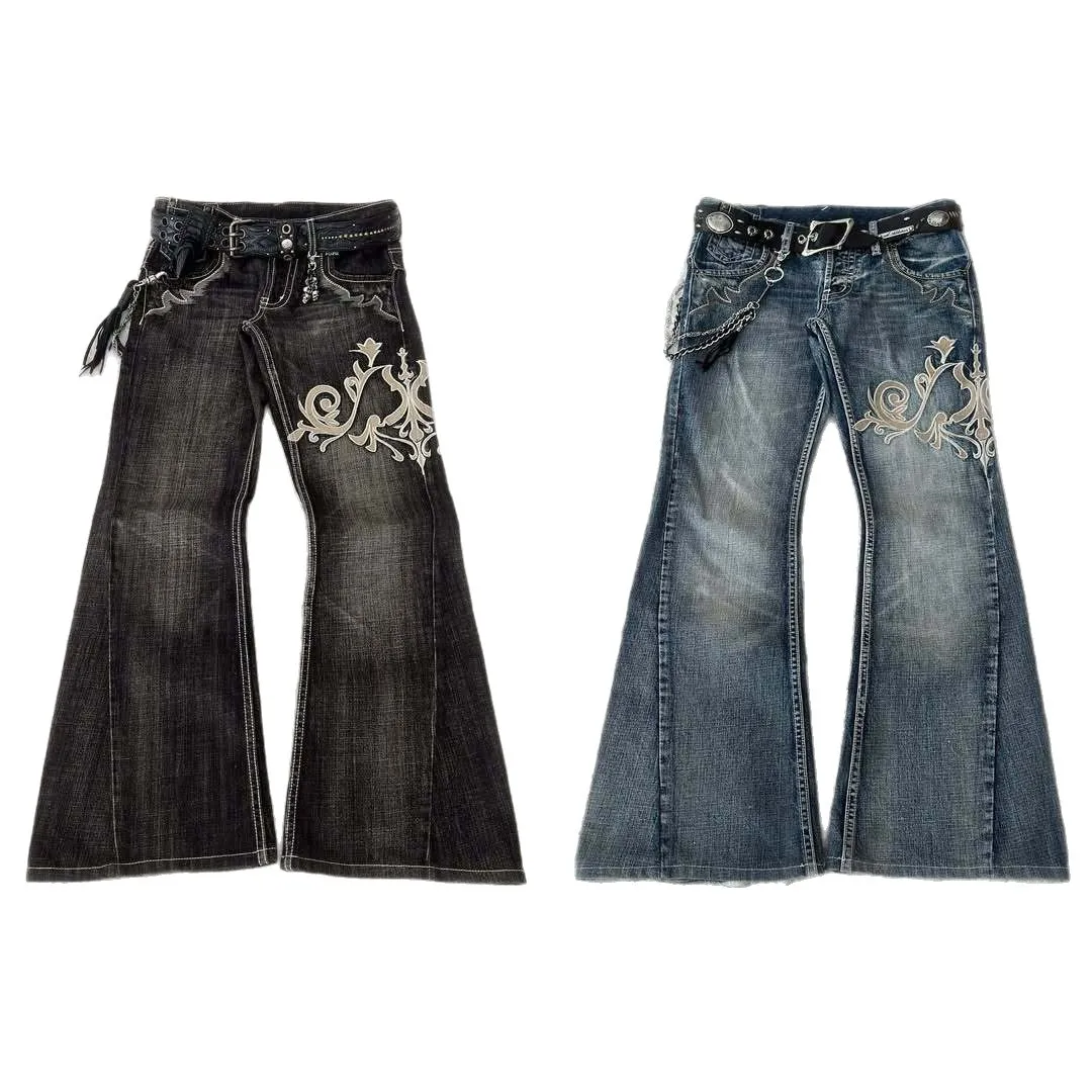MWJLPWQ Trendy American Retro Y2K Patchwork Embroidered Washed Jeans Men's Streetwear Autumn Loose Casual Flared Trousers 21094