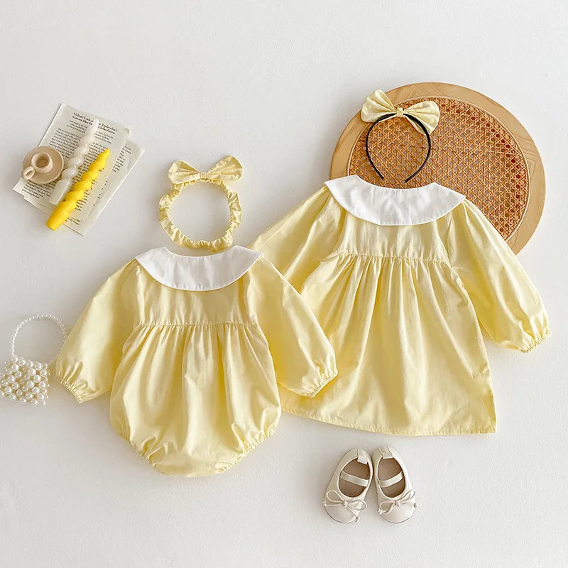2026 Yellow Baby Girls Dresses Long Sleeve Sister Outfits Autumn Clothes Infant Romper Big Sister Little Sister Matching Outfit