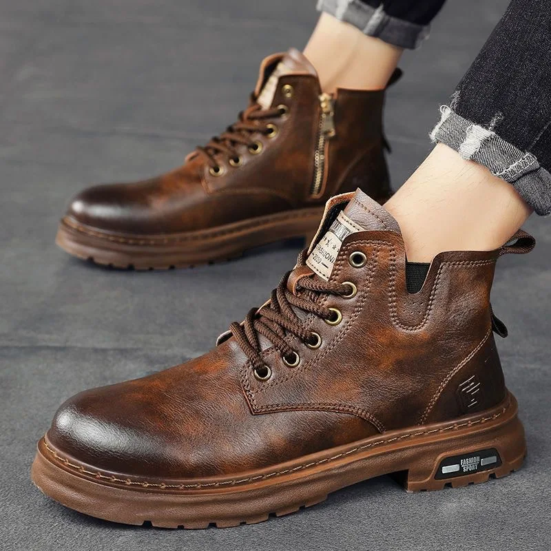

Men's Fashionable British Style Work Shoes Outdoor Sports Non-slip Lace-up Shoes Retro Trendy Versatile High-top Shoes