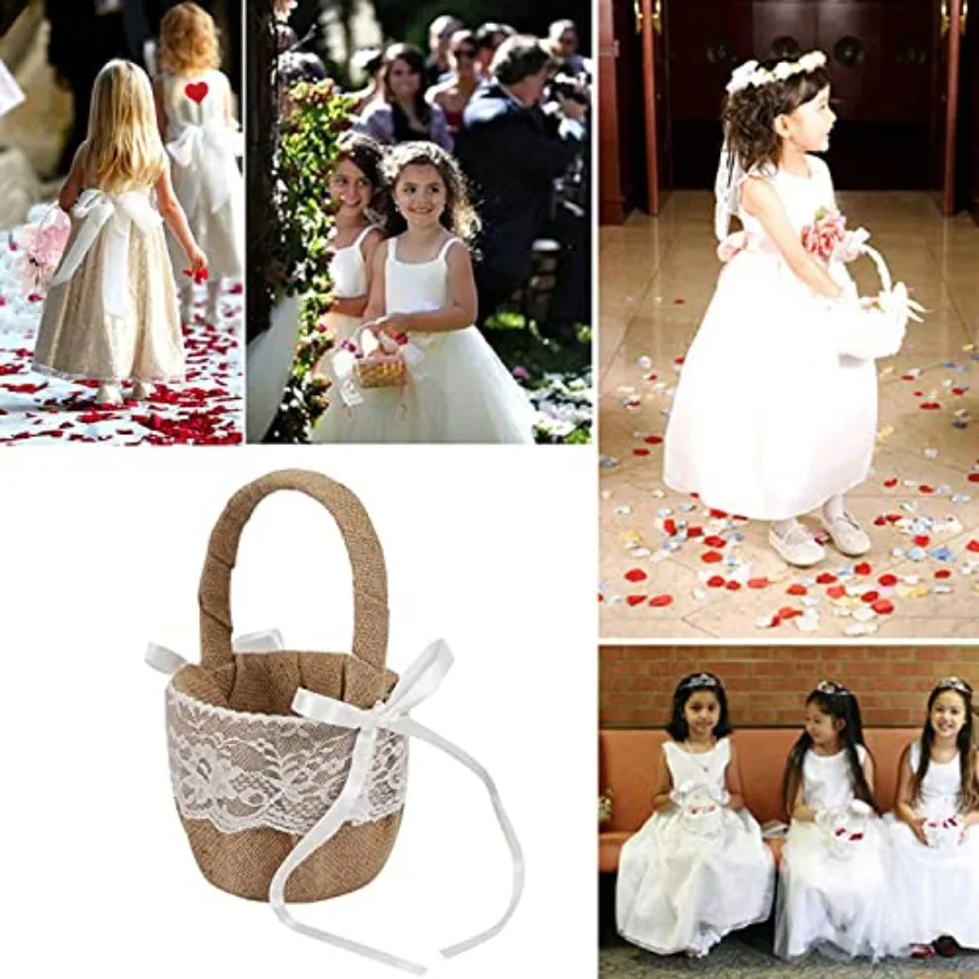 الخيش الزفاف زهرة فتاة سلة خمر سلة للزهور الجوت الورود ريفي الزفاف زهرة فتاة سلة مع الدانتيل الساتان الزفاف Pa