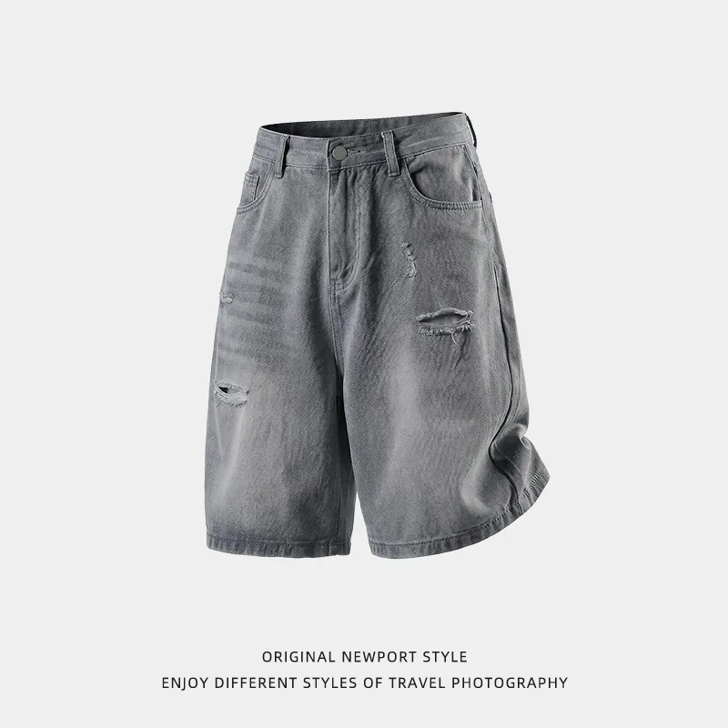 

2026 New Trendy Brand American Weathered Washed Hole Denim Short Pants for Men Summer Lightweight Mid-Cut Pants