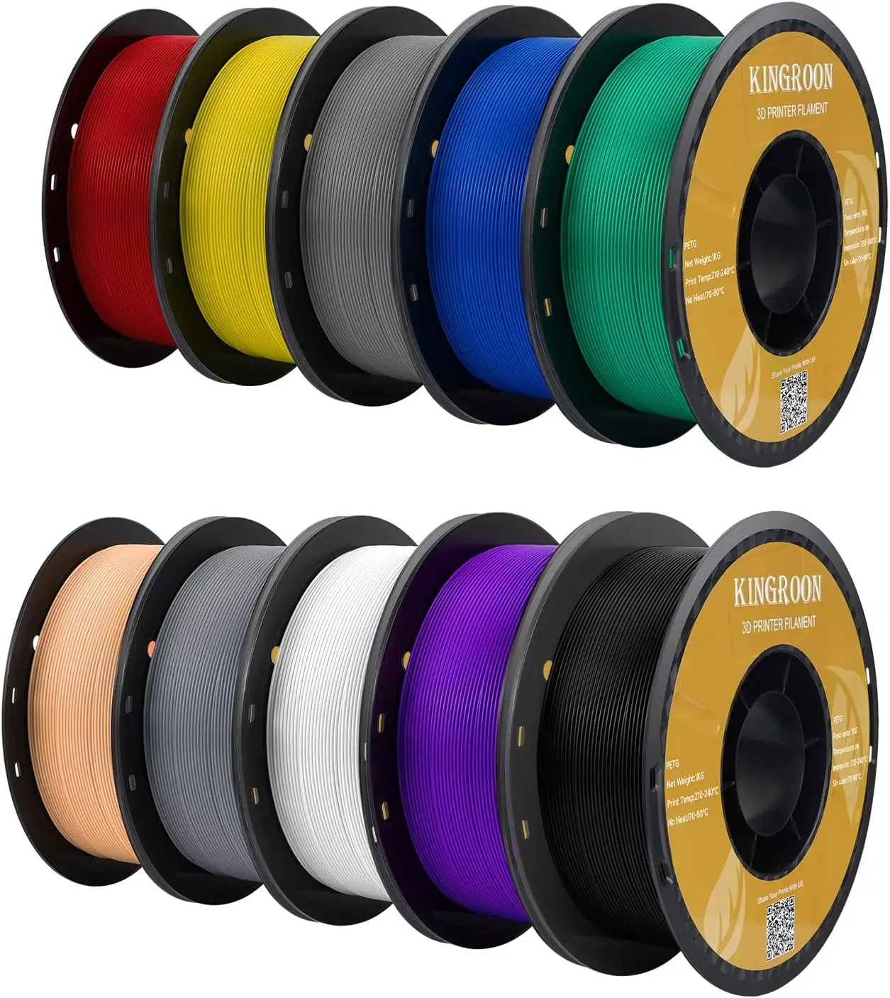 

PETG 3D Printer Filament 1.75mm 10kg Spool, Dimensional Accuracy +/- 0.03 mm, 10 Colors