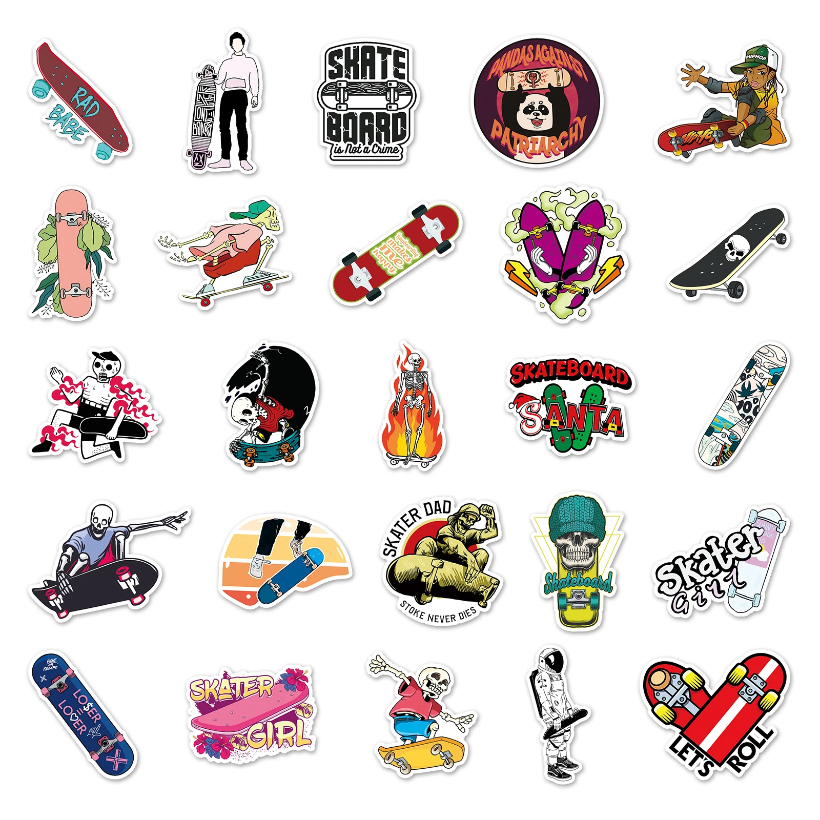 50Pcs Skateboard series Cartoon Cute Waterproof Sticker Skateboarding Snowboard Retro Vinyl Sticker