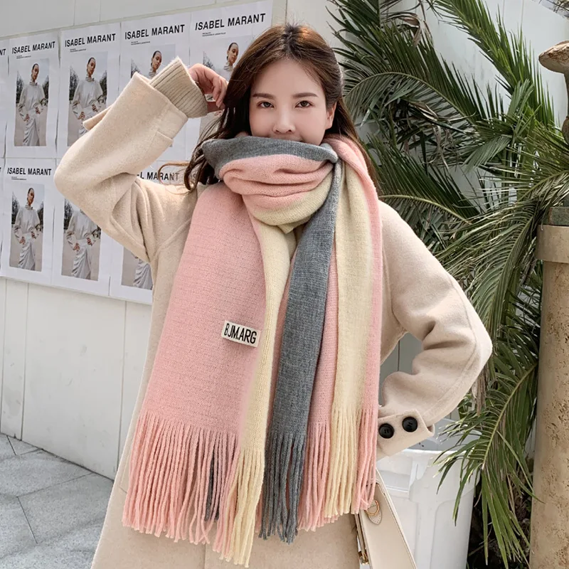 Winter 2 Color Splicing Scarf Women Korean Sweet Girls Imitation Cashmere Tassel Scarves Shawls Thick Warm Long Pashmina Foulard