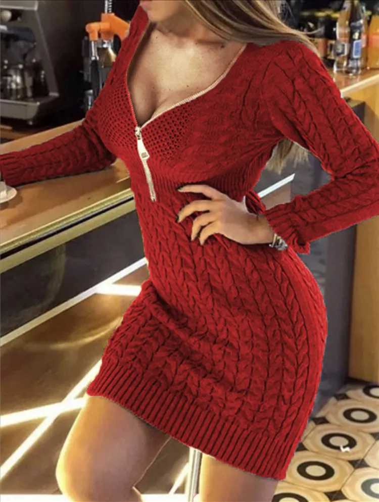 

Casual Lady Knitted Dress Autumn Winter V-neck Zipper Long Sleeved Solid Color Slim Sweater Elegant Commuter Women's Wear
