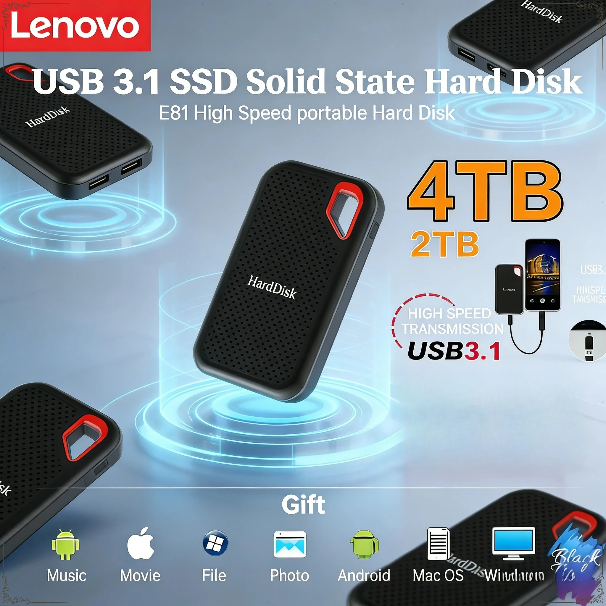 

Внешний жесткий диск Lenovo SSD E61 2 ТБ, 6 ТБ, 8 ТБ, 256 ТБ, USB 3.1, для ноутбуков, PS5, мобильных устройств, HDD-накопитель