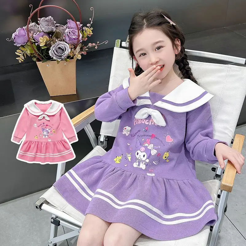 Kawaii Sanrios Kuromi Kids Long Sleeve Dress Girls Preppy Pleated Skirt Navy Neck Fashion Sweet Princess Dress Kids Clothes Cute