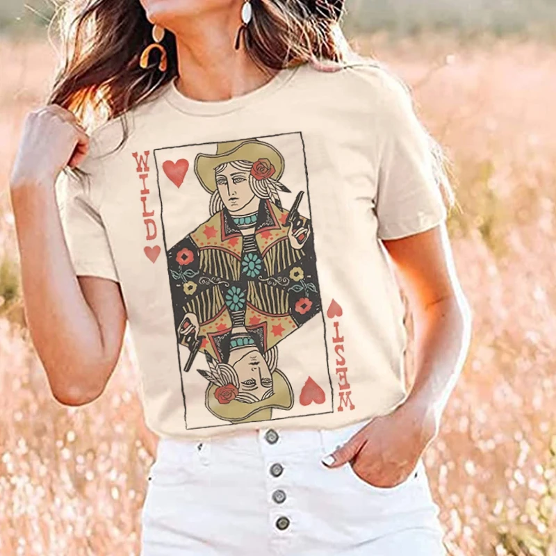 Wild West Queen Of Hearts Woman Graphic Funny Tshirts Cowgirl Retro Hippie Western Country T-Shirts Vintage Boho Tee Shirt Tops