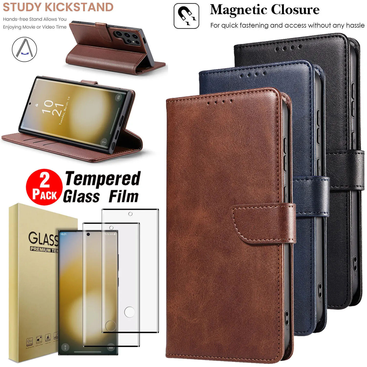 

For Samsung For Galaxy S23 FE/Plus/Ultra Faux Leather Case Flip Stand Folio Cover +2PCS Clear Tempered Glass Screen Protectors