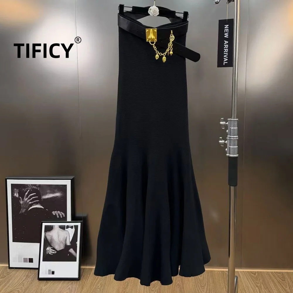 

High Street Skirts Women's Winter Chain Heavy Industry Belt Decoration Knitted Fishtail Long Half Skirt with Belt