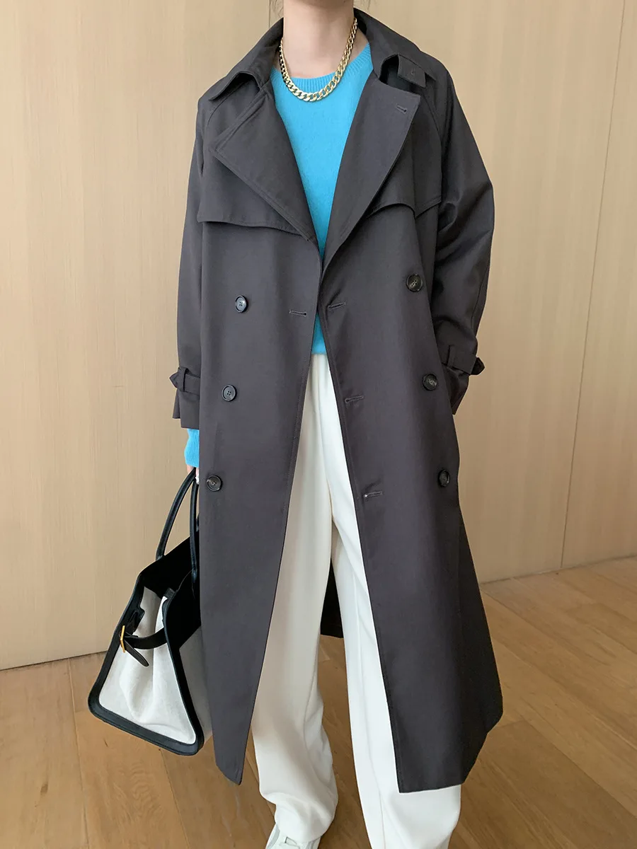 

Autumn and winter women's casual solid color lapel long sleeved double breasted trench coat