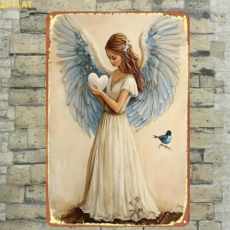 2D Flat, 2D Flat,1pc, Retro Angel with Heart and Bird Decorative Print Metal Iron Sign, Pre-Drilled Holes, Suitable for Indoo