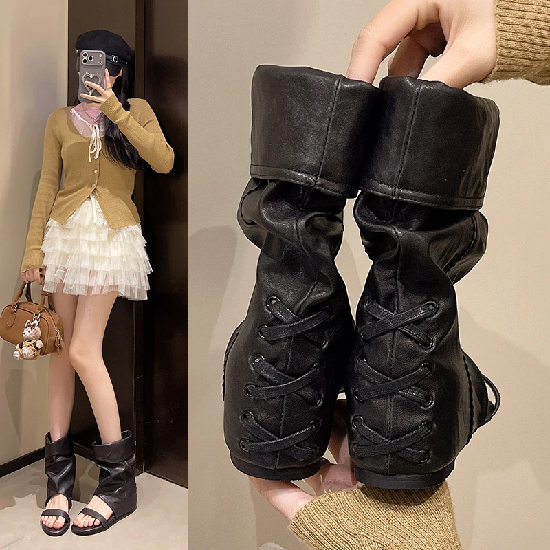 

Wasteland Style Women's Summer 2026 Height-increasing Open-toe Sandals with Single Strap and Pleated Short Boots
