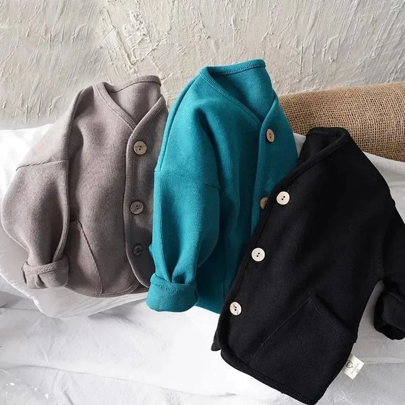 Korean Children\'s Loose Solid Color Long Sleeved Cardigan Autumn Style Pure Cotton Casual Top Jacket for Boys and Girls