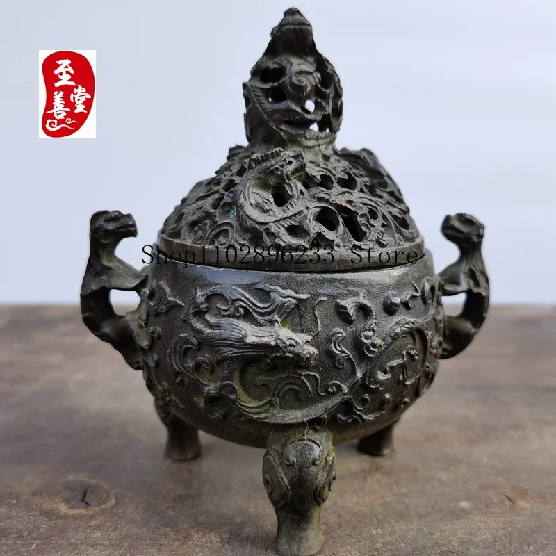 Antique-style copper incense burner with a patina effect, designed for living room decoration, featuring a dragon-shaped lid and