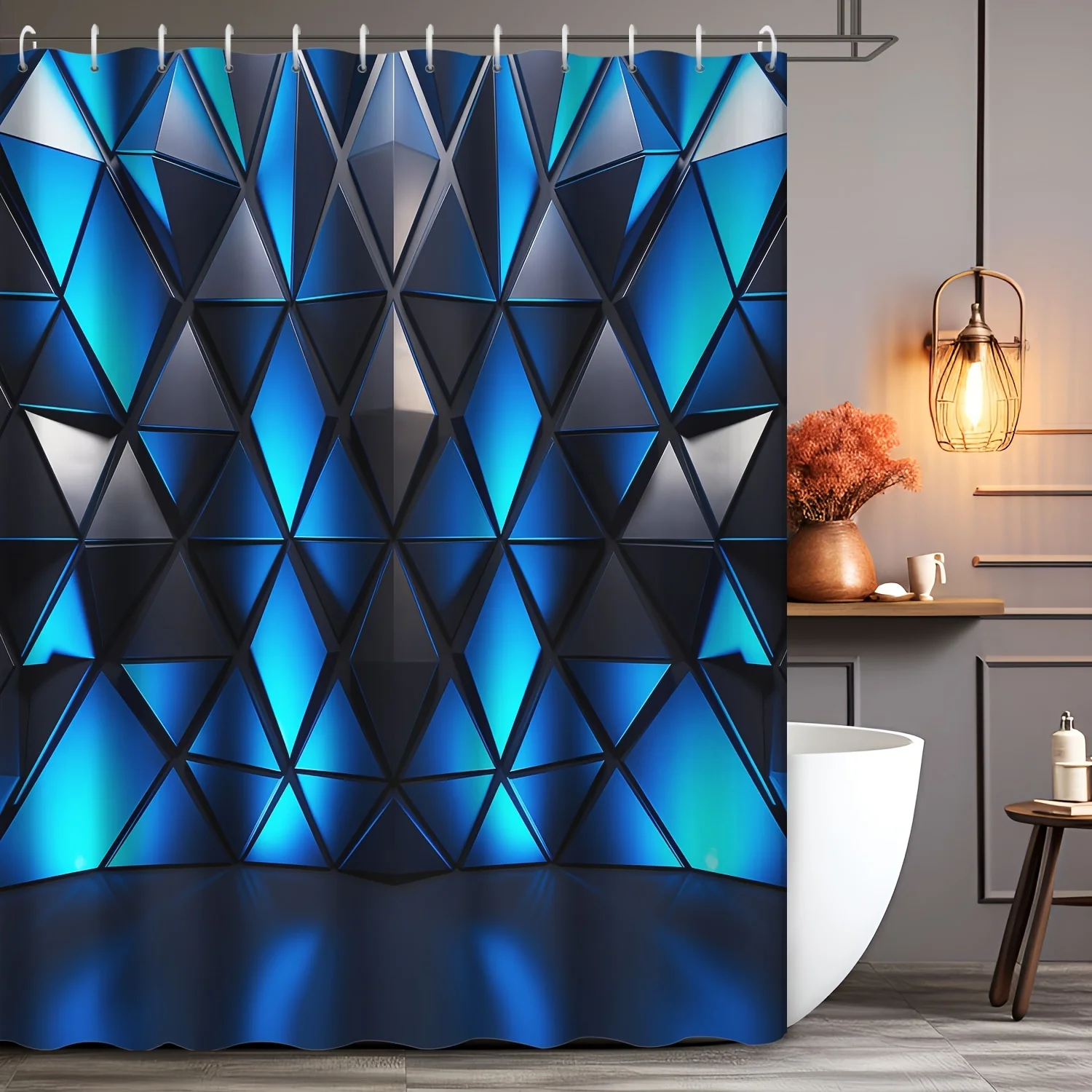 Simple Geometry Abstract Sci-Fi Blue Square Pattern Shower Curtain Modern High Definition Print Bathroom Decor with Hooks