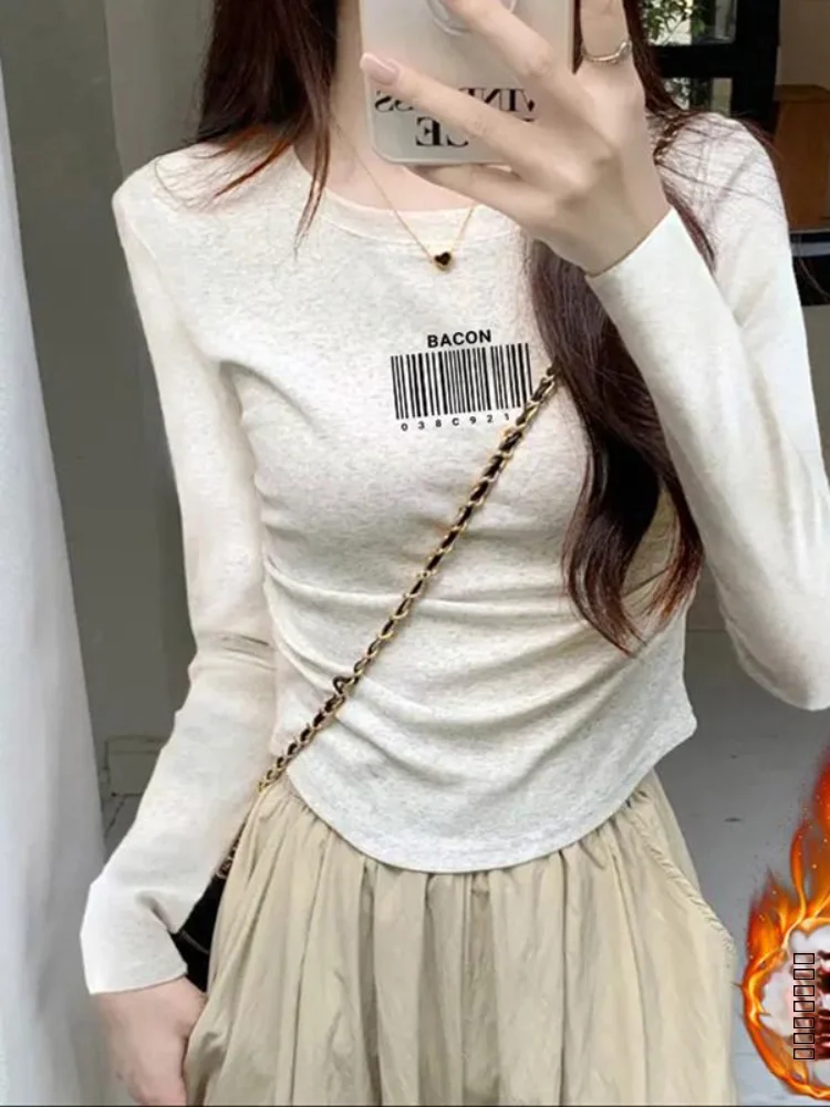 

Женская приталенная футболка с длинным рукавом на осень-зиму, с цветочным принтом и надписями, круглый вырез, утягивающая талию