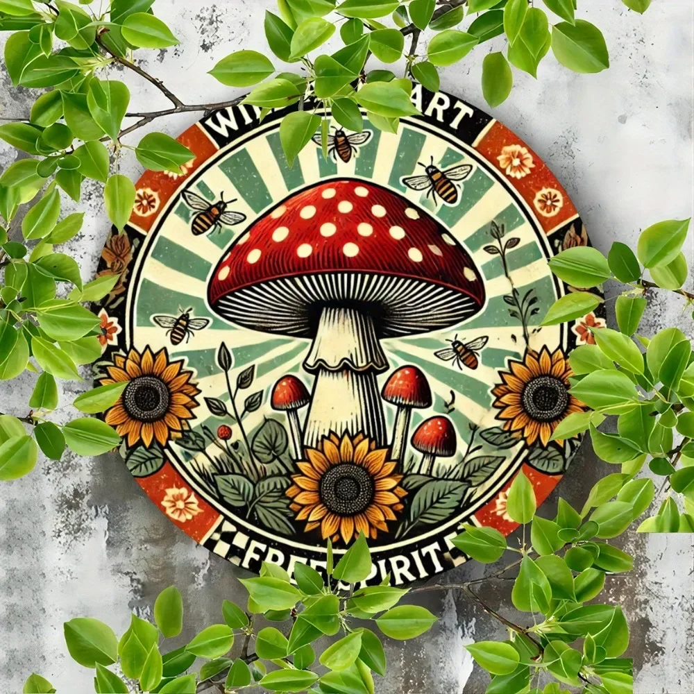لافتة معدنية على شكل عباد الشمس والنحل والفطر، فن معلق من الحديد الدائري المطبوع المسطح، ديكور جداري مقاس 8 بوصات لنوادي الحانات والمقاهي #3