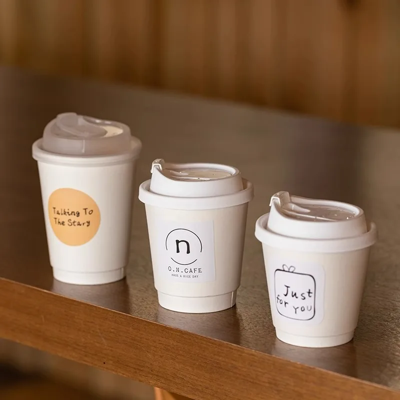 Disposable Double-layer Paper Cup Coffee Latte Cold Drink Hot Drink Cup Thickened with Lid Disposable Paper Cup