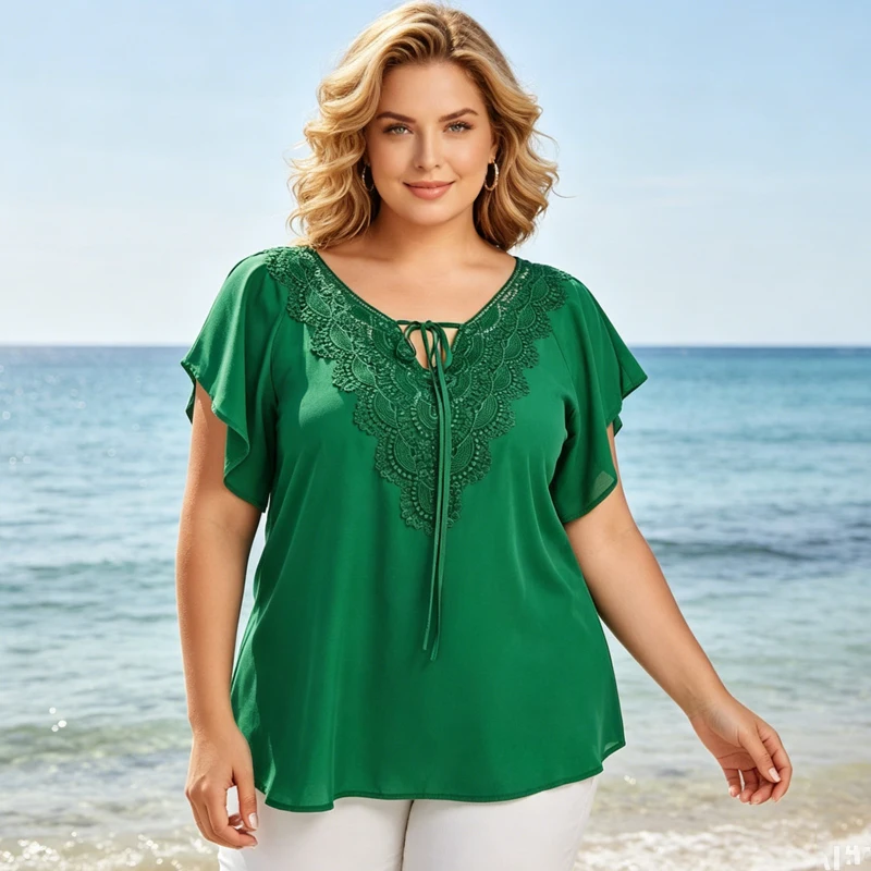 

Women's Plus Size Chiffon Shirt Summer Elegant Loose Casual Women's Blouse Lace-up Short Sleeve Tops Female Oversize Shirts New