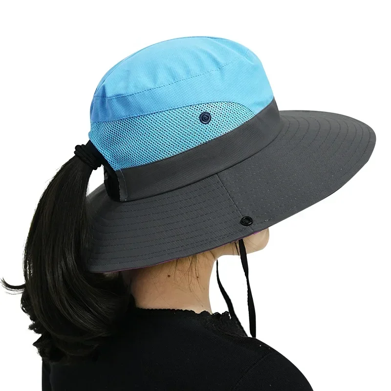 Sombreros de sol para mujer, gorro de ala ancha, protección UV, cola de caballo, pesca al aire libre, senderismo, Verano