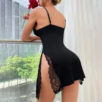 Summer Nightgown Women Lace Patchwork Slip Nighties Sleepwear Side Slit Contrast Ruffle Hem Nightdress Pajamas - Image 4