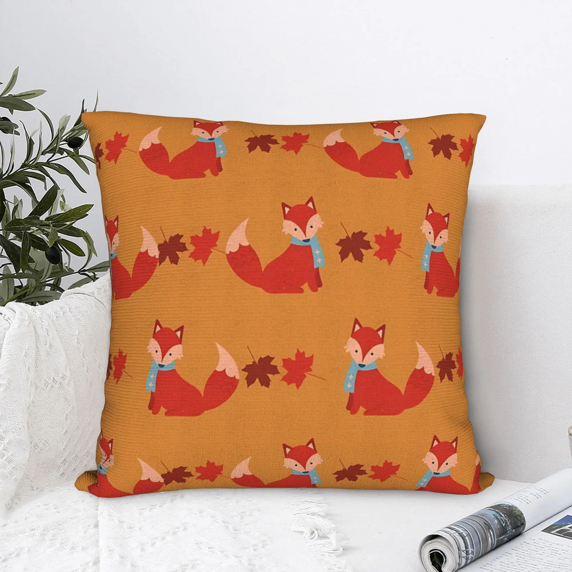 Fox Seamless Pattern  Square Pillow Covers Polyester Home Foxes Autumn Partten Cushion Case Decorative Pillow Cover 45*45