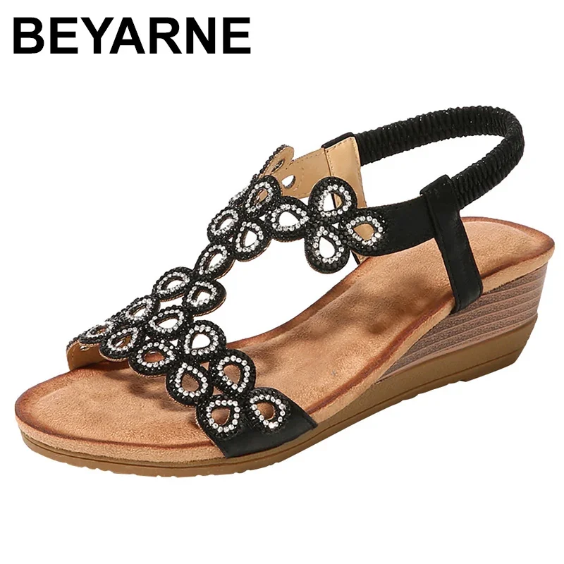 BEYARNE2019Women Cunei Delle Signore di Cristallo Casual Fascia Elastica Spiaggia Della Boemia Sexy di Alta Qualità Outsid Delle Signore di