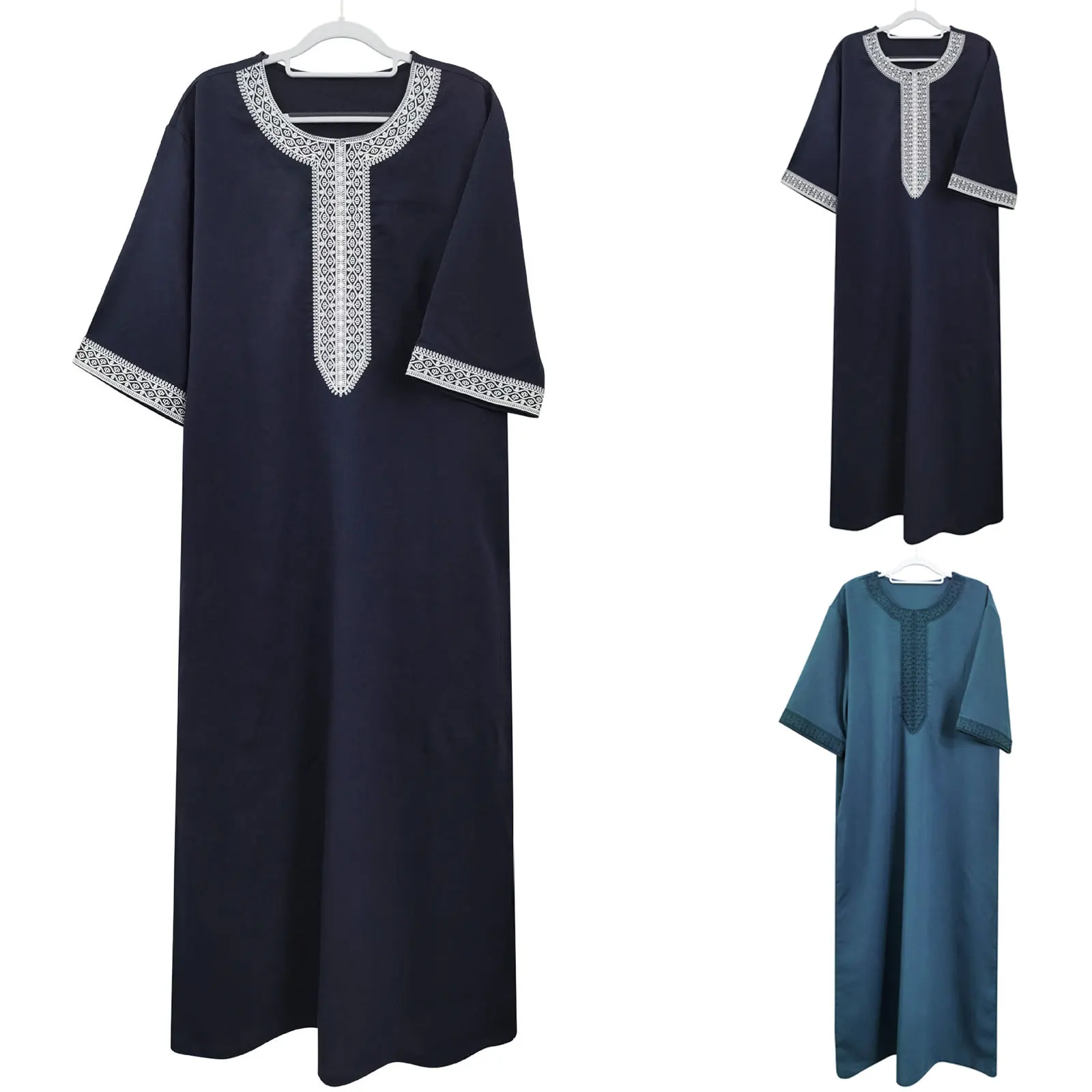 Oversize Men's Robes Vintage Embroidered Half Sleeve Muslim Clothing National Moroccan Style Maxi Robes For Men Side Pockets