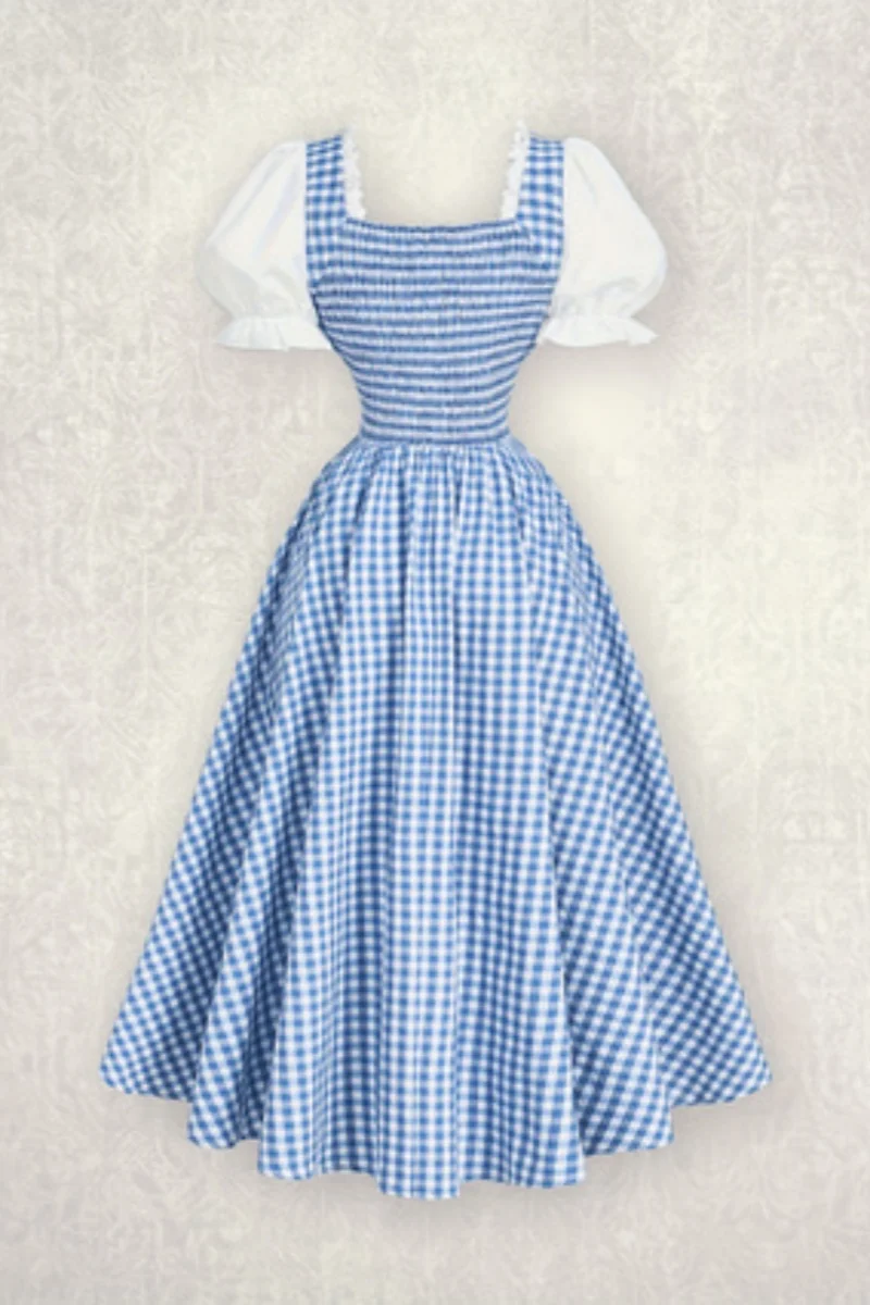 Ladies' Fashion Blue and White Grid Splicing Strap Waist Dress