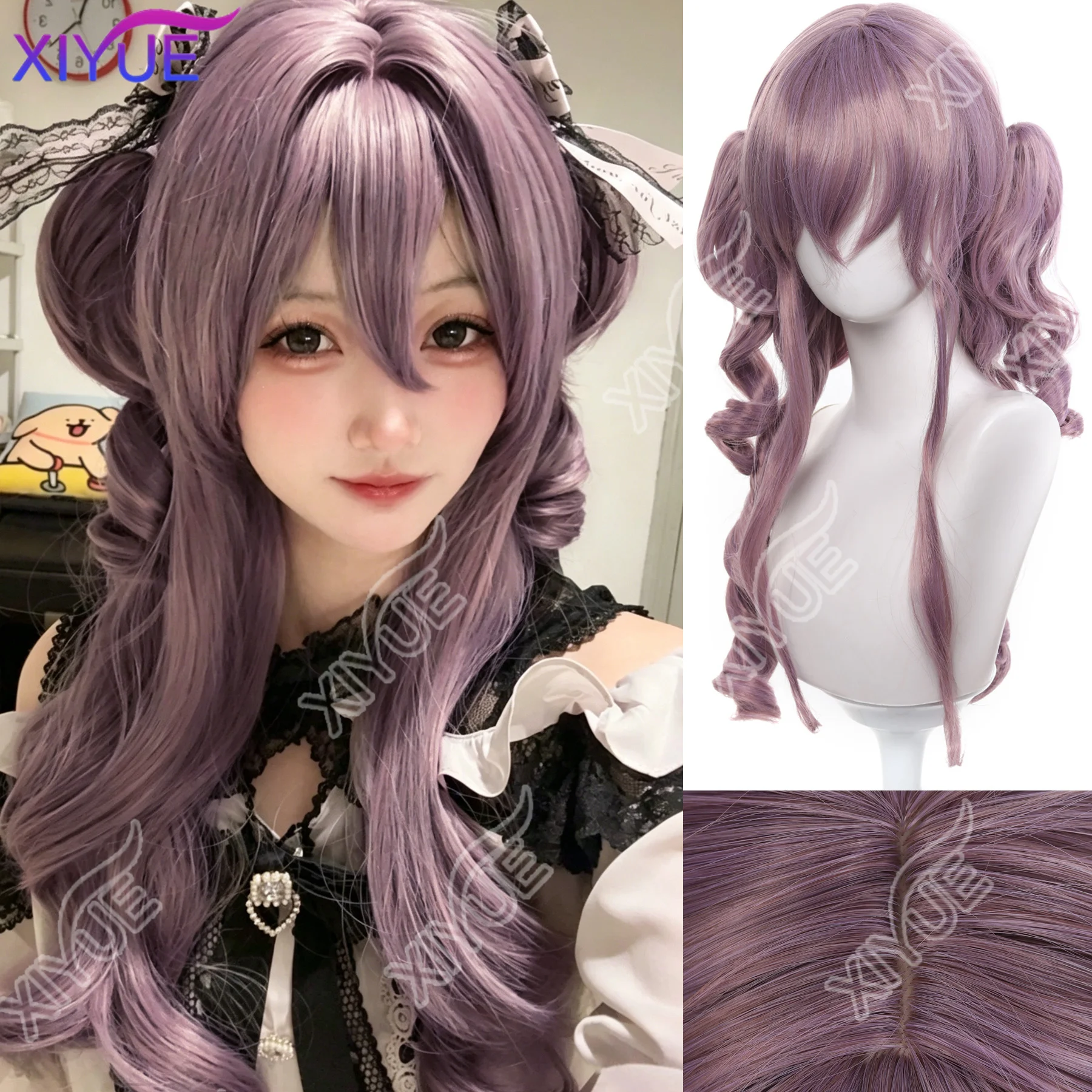 XIYUE Perruque synthétique violette pour cosplay, perruque bouclée ondulée avec frange, perruque longue de 22 pouces, style Roman Roll, pour femmes, usage quotidien et fêtes