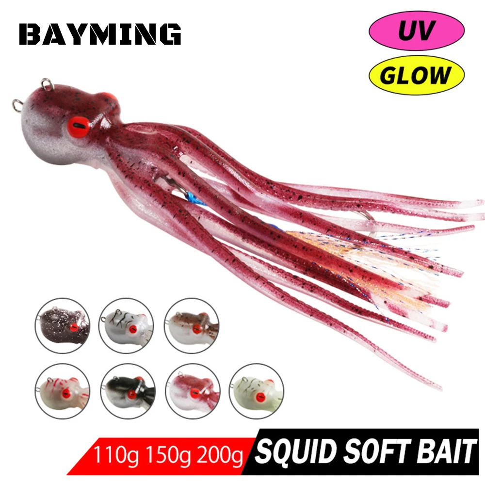 

1PCS UV Fishing Squid Lure Trolling Baits Octopus Metal Head Slow Jigging TPE Soft Jig Squid Lure Assist Mustad Hook