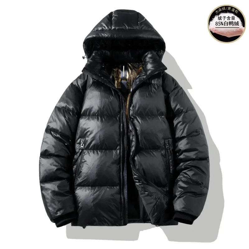 Short glossy down jackets for men and women the same style thickened white duck down loose couple bread clothes, winter clothes.