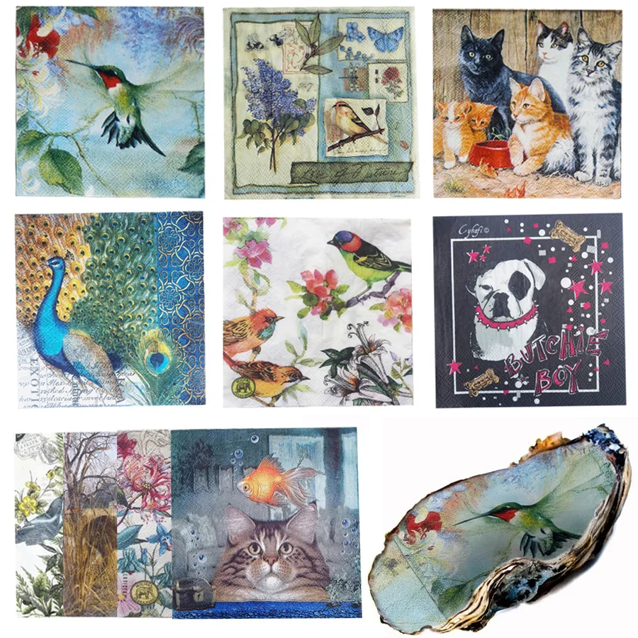 Serviettes en papier pour oiseaux, 20 pièces, imprimé colibri, paon, chat, pour décoration de table, fête d'anniversaire, thé, bricolage, artisanat