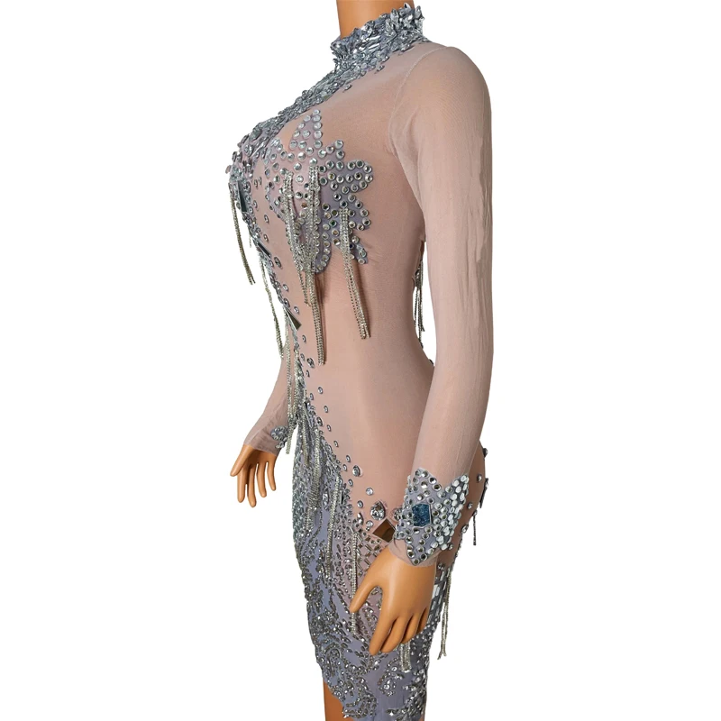 Women'S Mesh Rhinestones Dress Sexy Party Tassels Dress Stage Festival Outfit Bar Nightclub Dj DS Gogo Dance Costume XS6497