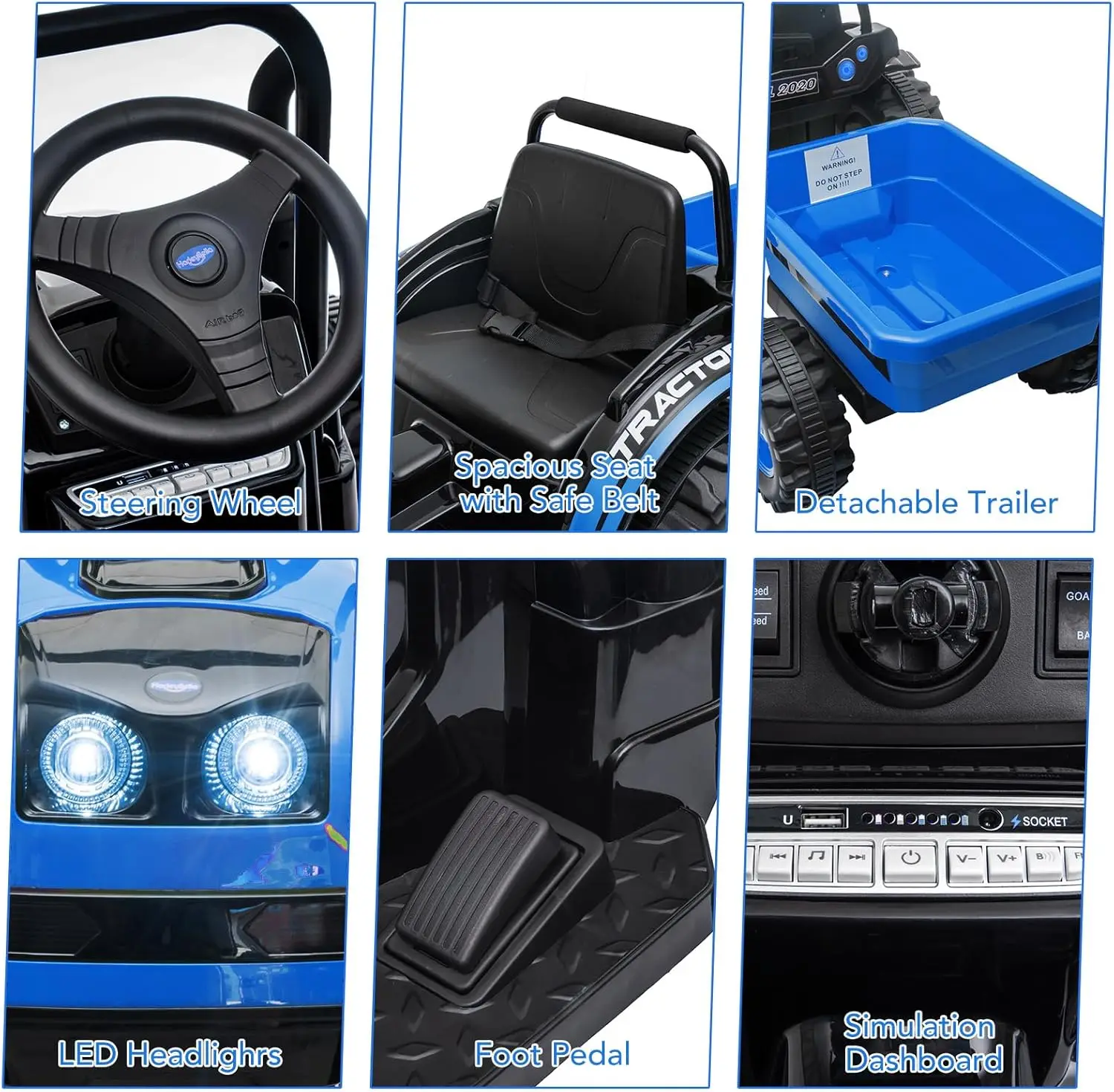 Tracteur électrique avec télécommande 35W, double moteur, voiture pour enfants, avec remorque détachable, musique, lumière LED, ceinture de sécurité