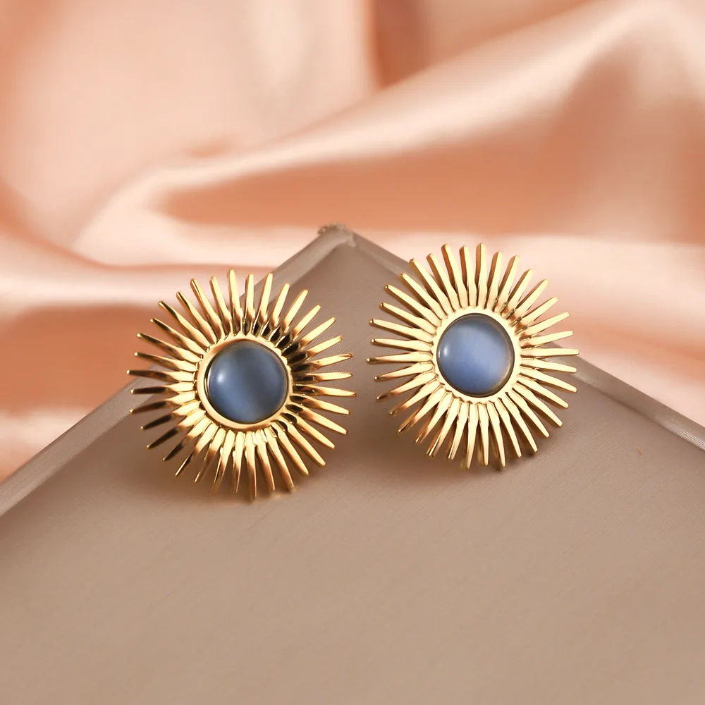 1 pair of stainless steel women\'s stud earrings, trendy exquisite opal stone inlaid with gold color metal sunflower earrings