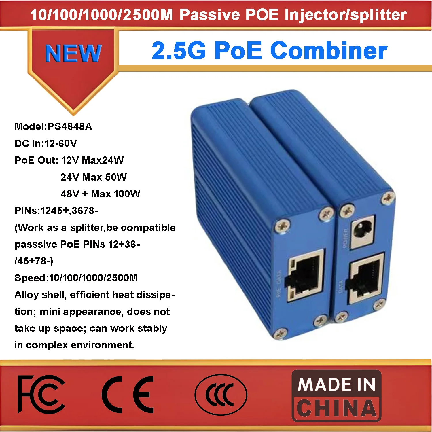 

100W 2.5Gbe PoE injector&splitter,passive POE Combiner,12-60Vdc in and 12-60V POE out,pins 1245+/3678-