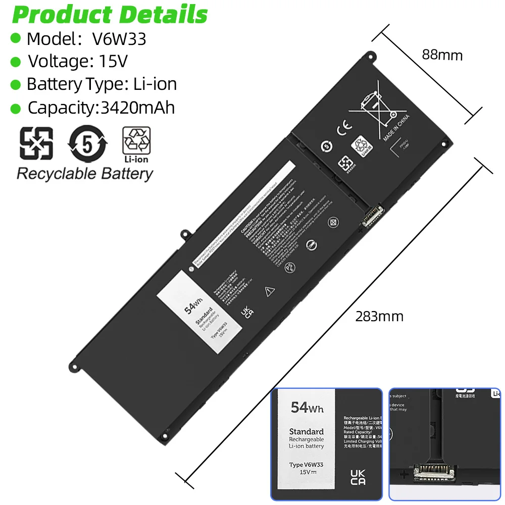 SKOWER G91J0 41Wh V6W33 54Wh batería para Dell Inspiron 15 3511 3515 3520 13 5310 5320 5330 Latitude 3320 3420 Vostro 3510 5620
