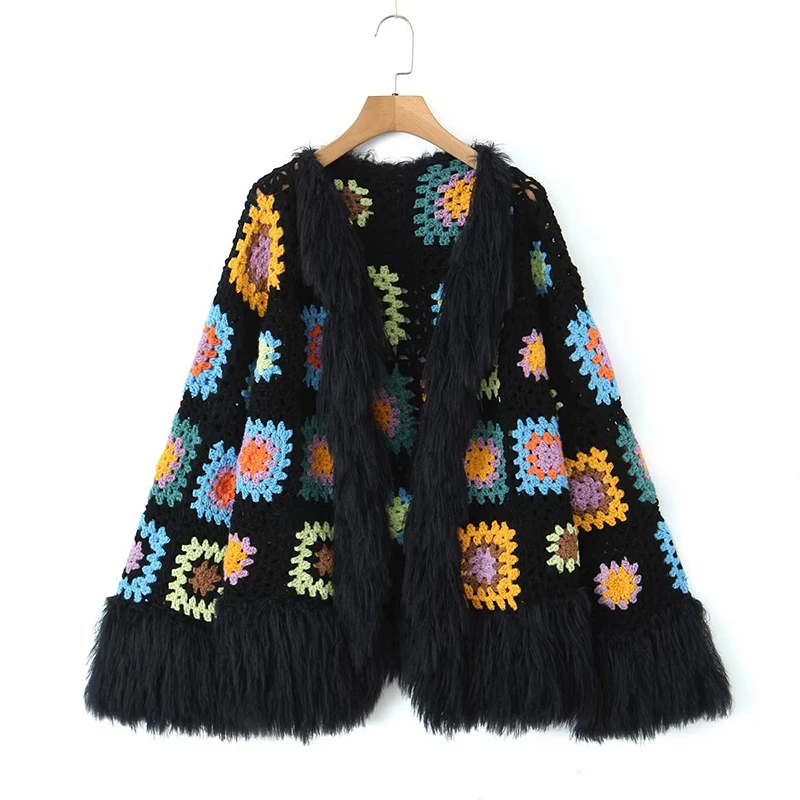 

YENKYE Boho Tassel Colored Plaid Flower Hand Crochet Cardigan Ethnic Women Autumn Winter Fringe Sweater Knitwear Jumper