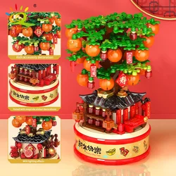 HUIQIBAO Spring Festival Orange Tree Model Building Blocks Set City Children DIY Maneki Neko New Year Bricks Ornaments Toys Gift