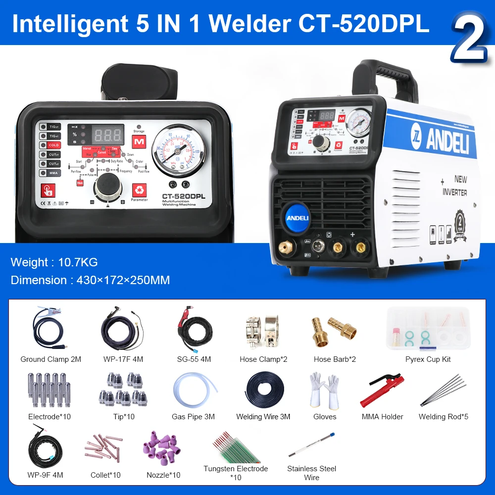 ANDELI CT-520 Multi-Function Welding Machine TIG/Plasma CUT/MMA 3 in 1 Welder DC TIG Welding Aluminium 220V