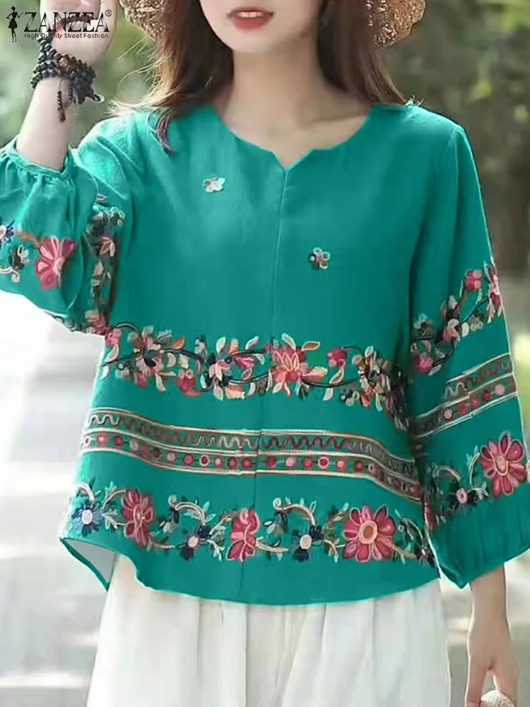 

ZANZEA Women Vintage Blouse Casual Loose 3/4 Lantern Sleeve Printed Tops 2025 Summer V-neck Blusas OL Work Pullovers