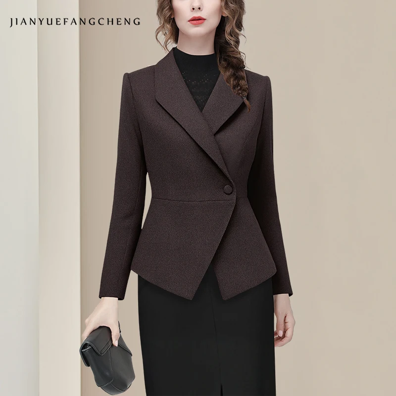 

Elegant Lapel Collar Women' Brown Herringbone Tweed Topcoat Slim Short Style Work Office Blazer