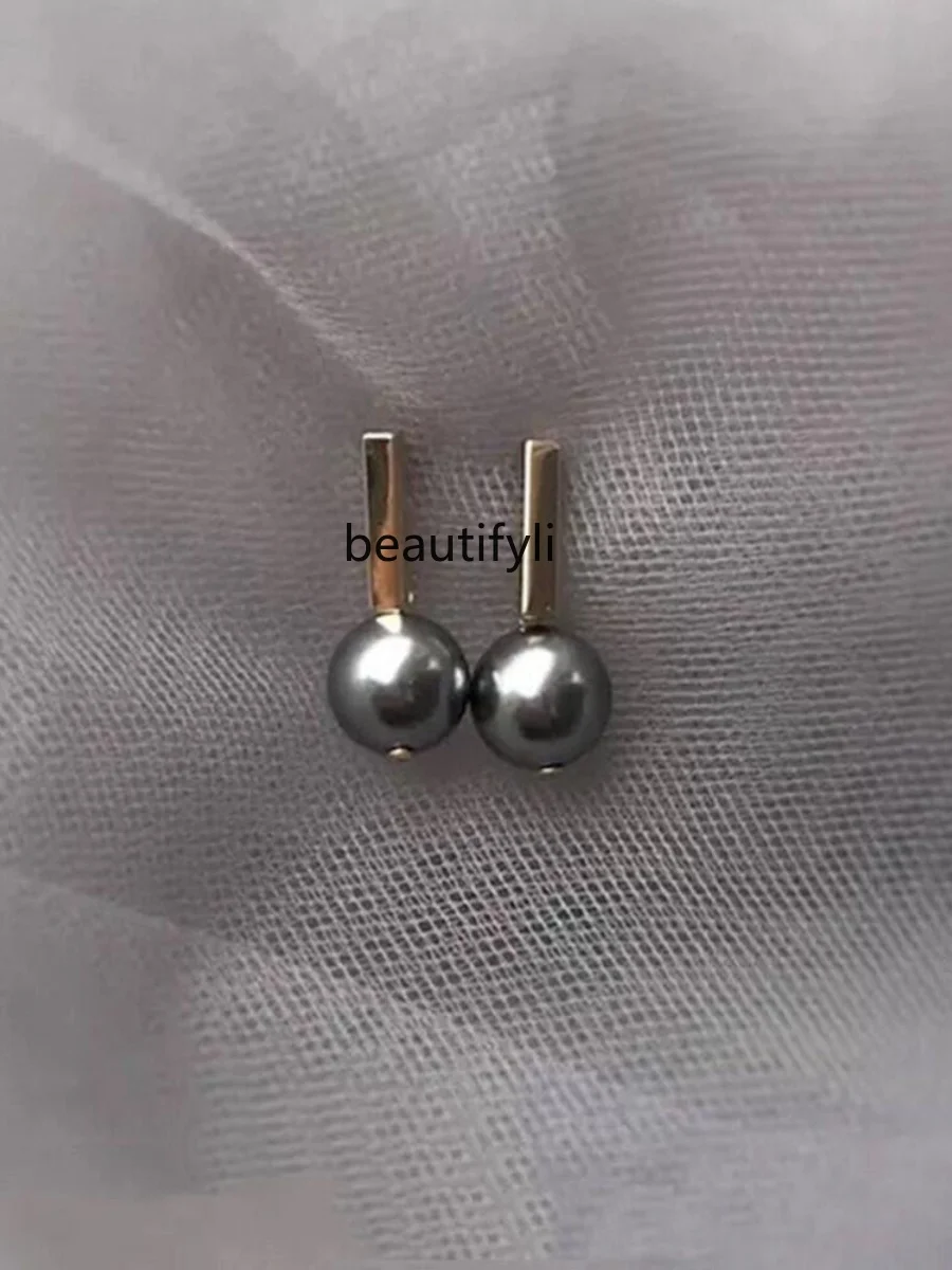 S925 sterling silver dark gray black pearl long thin earrings without pierced earclips