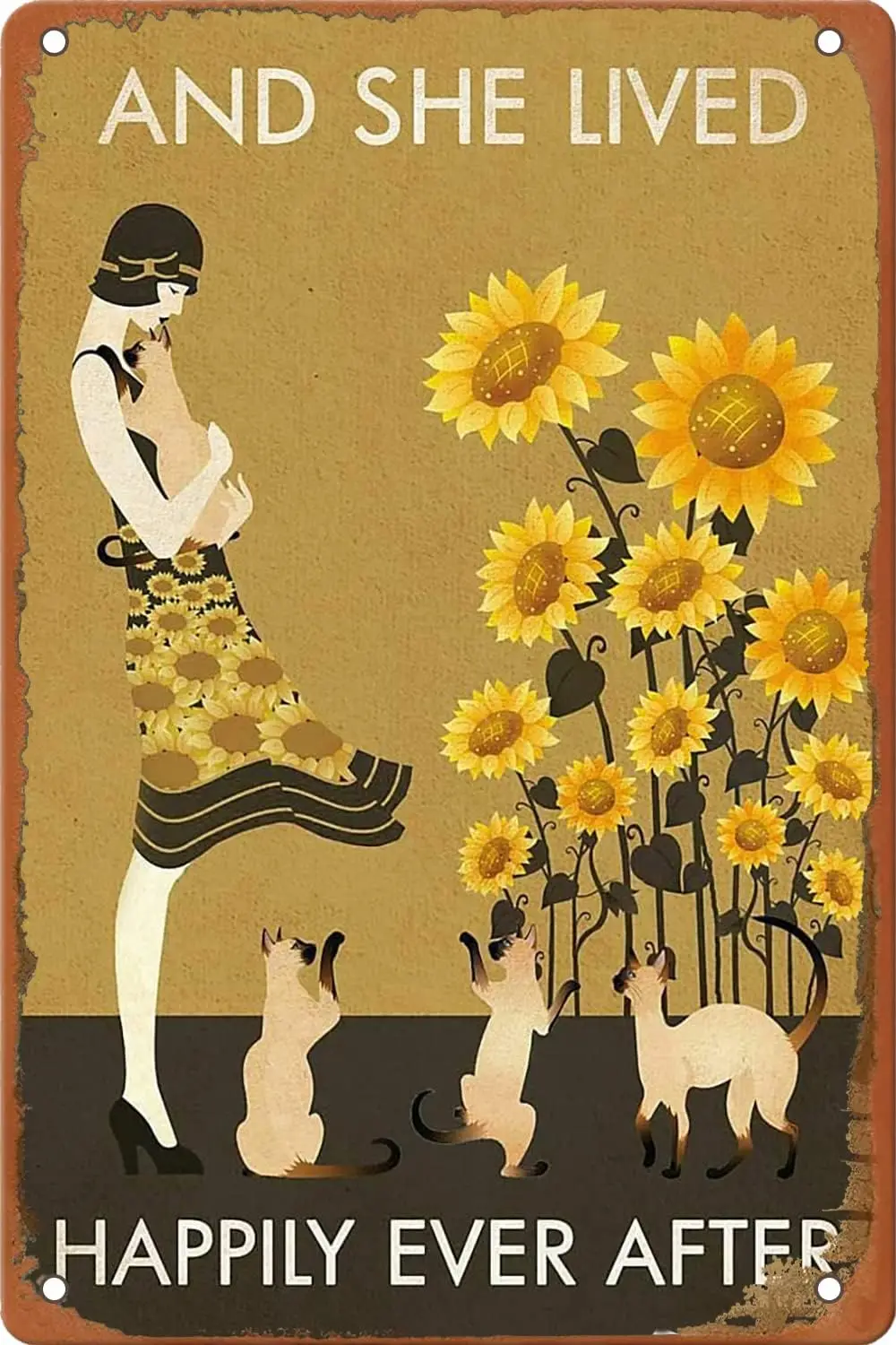 Sunflower Vintage Girl Lived Happily Siamese Cat Poster Metal Sign Funny Novelty Metal Sign Plaqu Poster Wall Art Pub Bar K sign